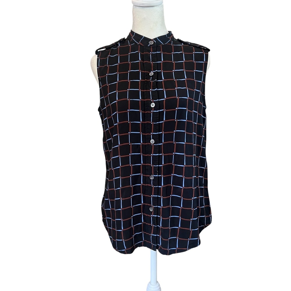 Equipment sleeveless button-up top Blue Red contrasting square block Print Small